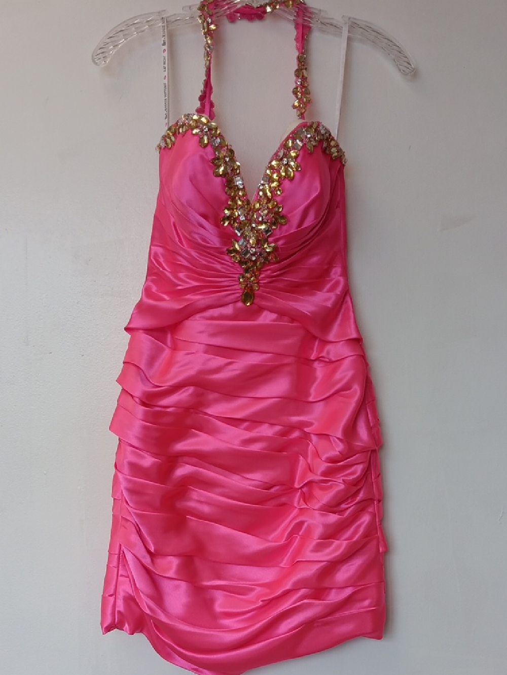 Vintage Electric Pink Jeweled Halter Ruched Mini Dress